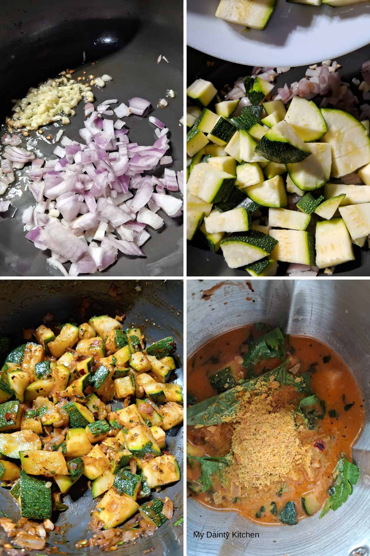 collage of 4 instructions steps to make vegan zucchini soup